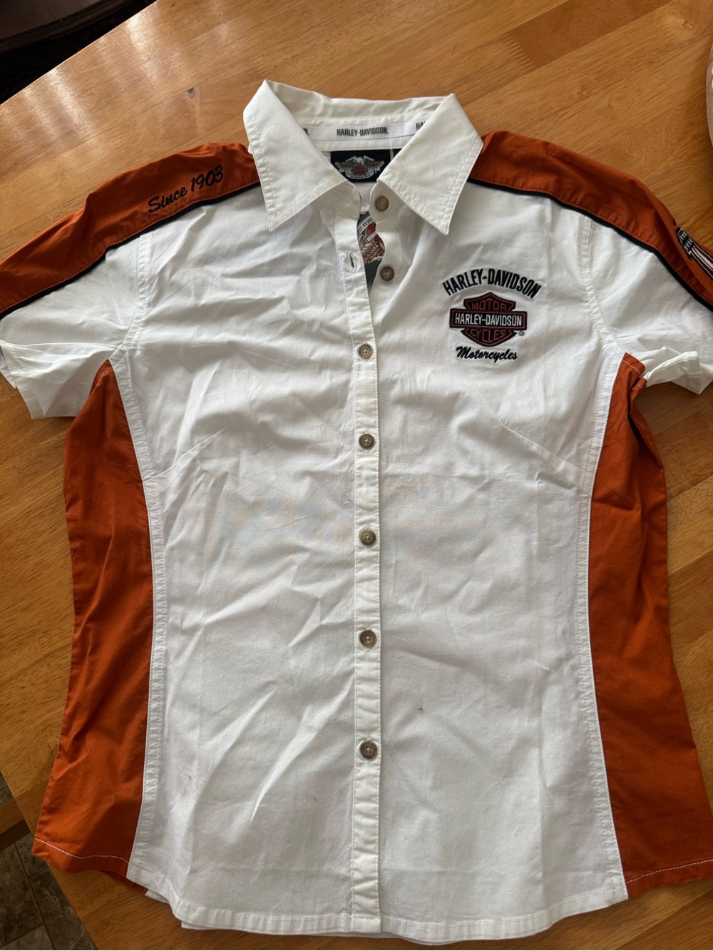 Harley-Davidson White and Orange Short Sleeve Button-Down Shirt